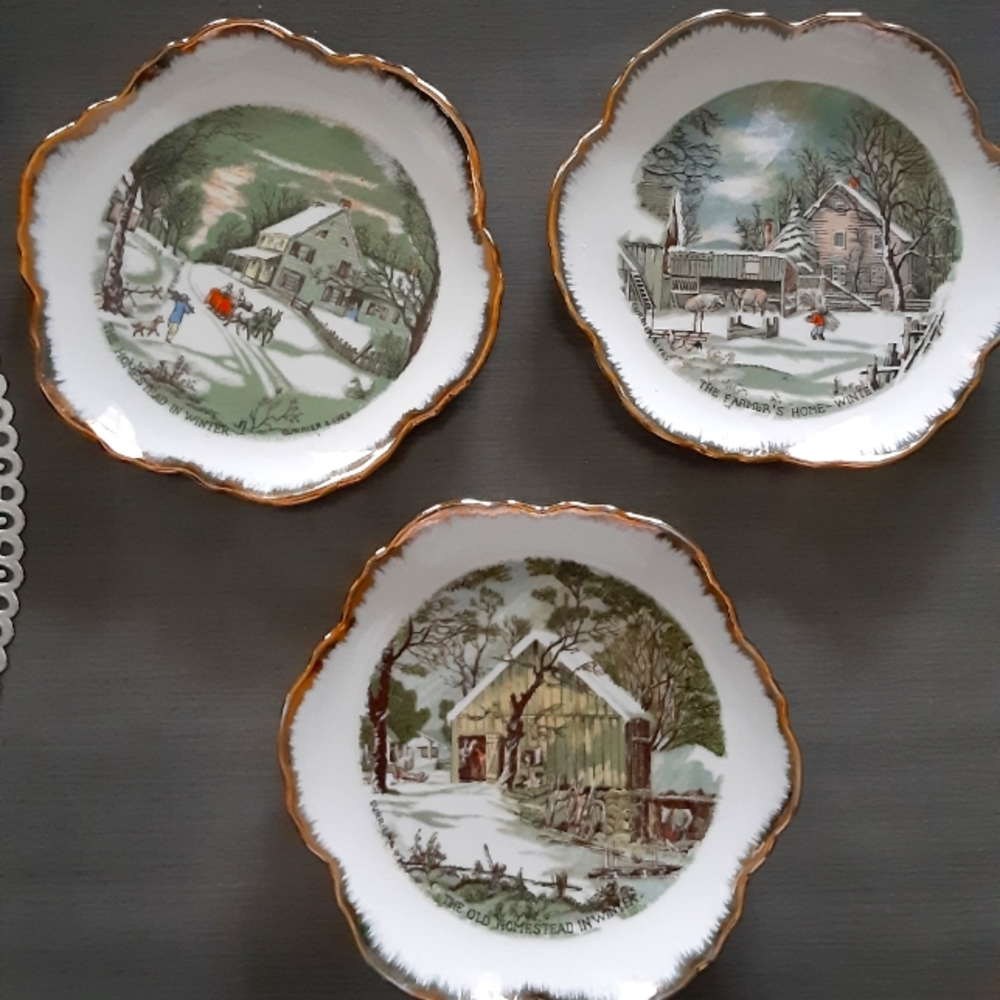 Set of 3 Currier & Ives winter themed Holiday plates.
